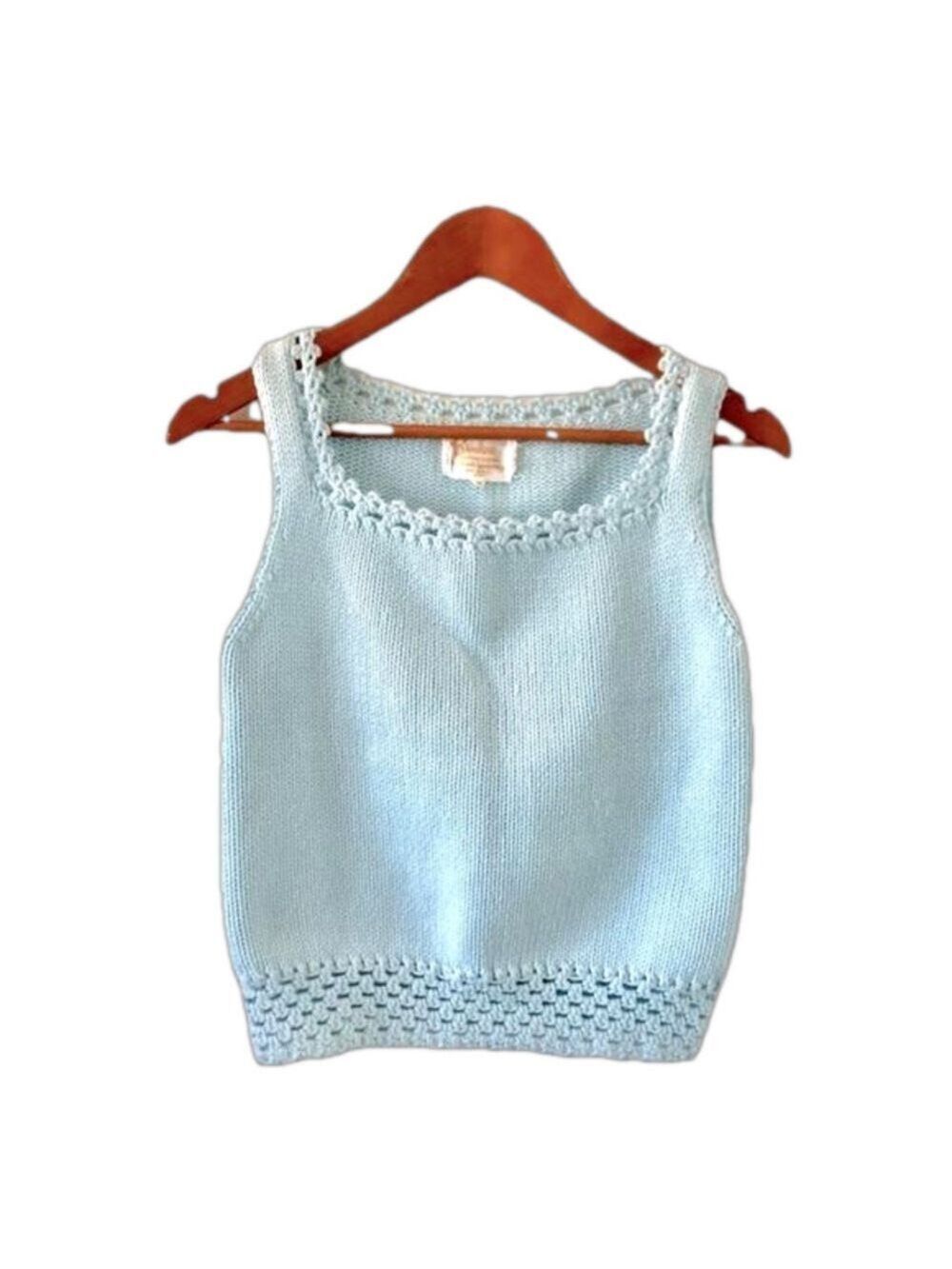Vintage cottagecore cropped sweater tank blue crochet trim size 38 by Broadway